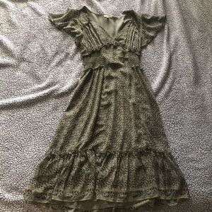 Olive green floral midi dress with ruffled sleeves & trim, V neckline